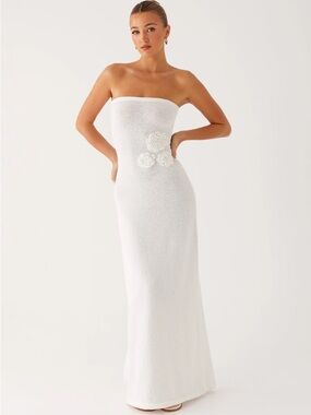 Peppermayo White Strapless Textured Maxi Dress with Rosette Accents